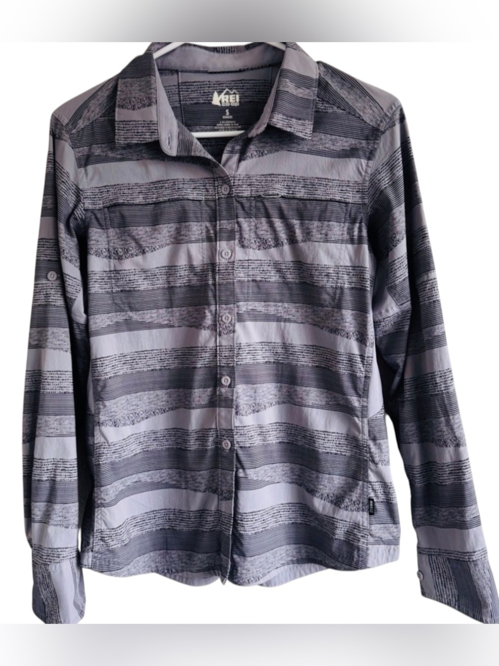 REI COOP  Button Down Shirt with Gradient Stripes Vented Hiking Outdoors Camping